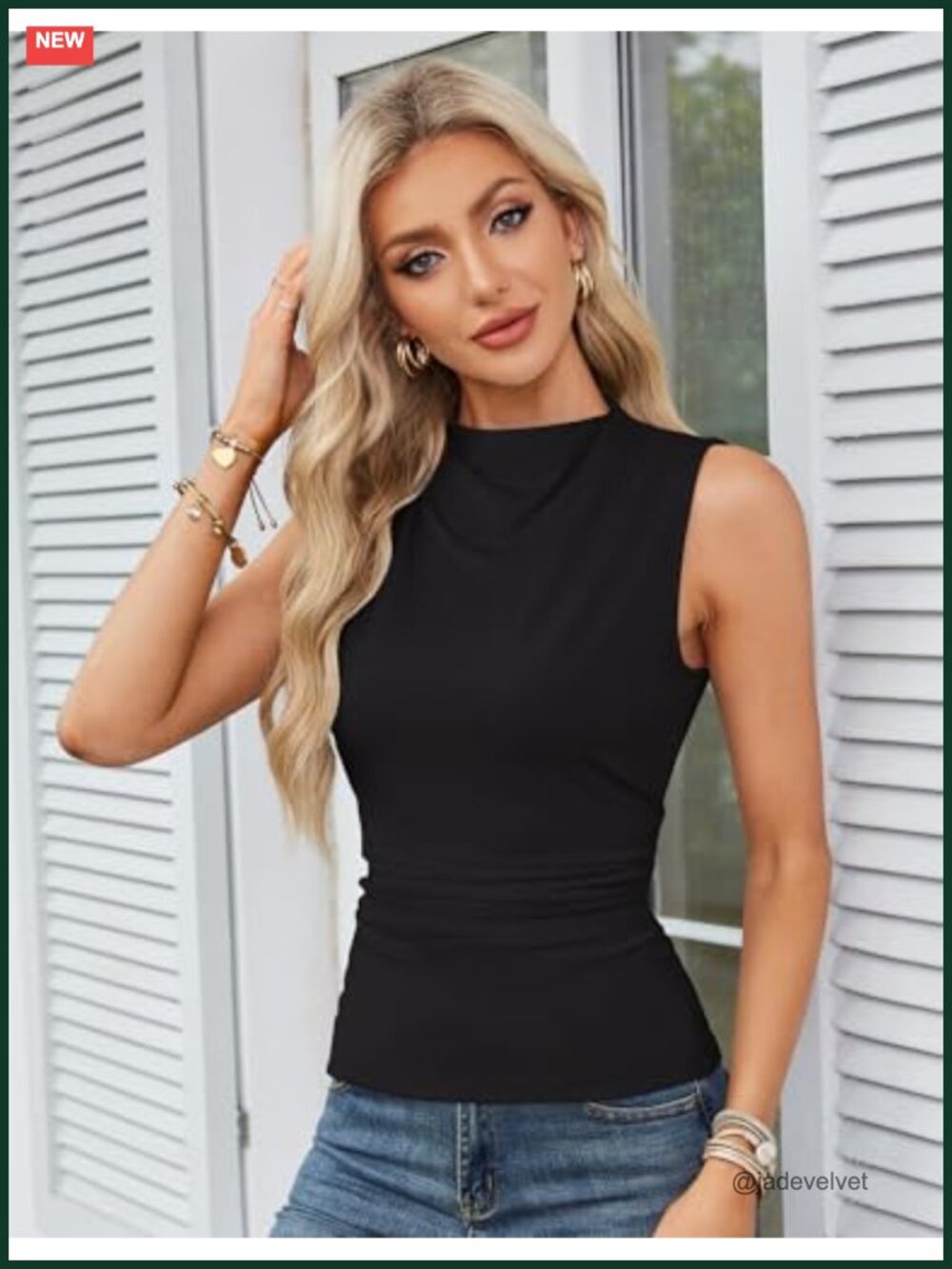 Sleeveless Mock Neck Tank Top Women's Slim Fit Ruching Blouse - Picture 2 of 6